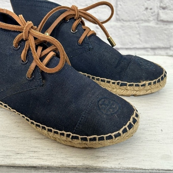 Tory Burch Navy Canvas Espadrille Lace Up Ankle Bootie Flats - Picture 11 of 16